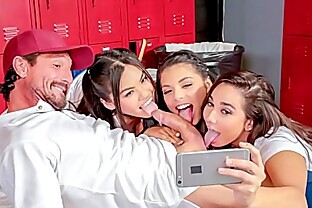 SCAM ANGELS – Three slutty brunettes Gina Valentina, Karlee Grey and Cindy Starfall fuck couch in the locker room