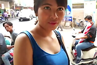 Horny big fake titty Thai babe fucks white stranger at tuktuk driver's garage