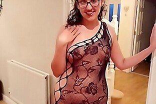 Sexy exhibitionist girl next door in black fishnet body stocking wants cream but gets fucked and oral creampie instead sloppy blowjob POV Indian