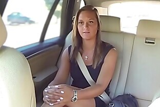 Babe sits on fake cab drivers cock in public