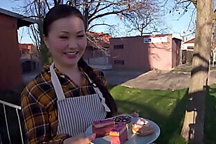 Public dirty Asian bae drilled in POV by big white cock