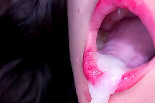 Close-up red lips blowjob, tongue play and oral creampie