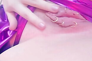 sexual MILF in purple spandex pvc lingerie (Arya Grander)