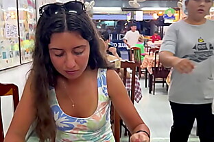Katty eats lunch in an Asian cafe without panties and flashing pussy in public