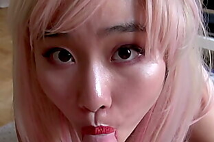 Beautiful Asian 18yo teen fucks in a pink wig and in a leotard and gets a big facial