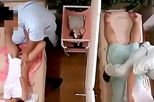 Japanese cheating wife during sex in massage beside husband